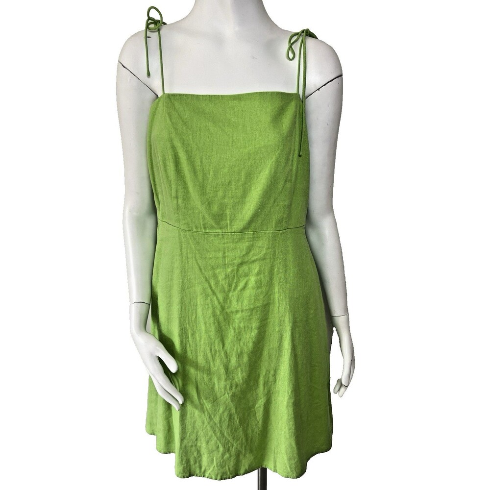 Old Navy Tie Shoulder Mini Cami Dress L Green Linen Blend Summer Beachy Boho
